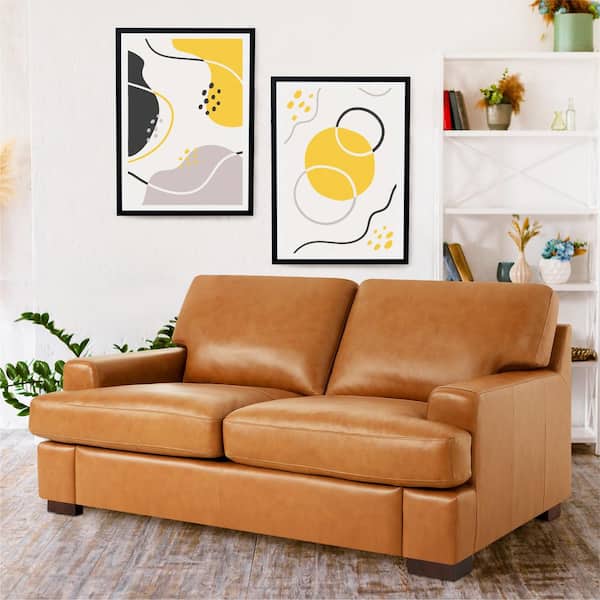 HOMESTOCK Genuine Leather Loveseat Sofa - Luxurious Comfort, , Square Arm Design, Sturdy Block Legs, Elegant Tan