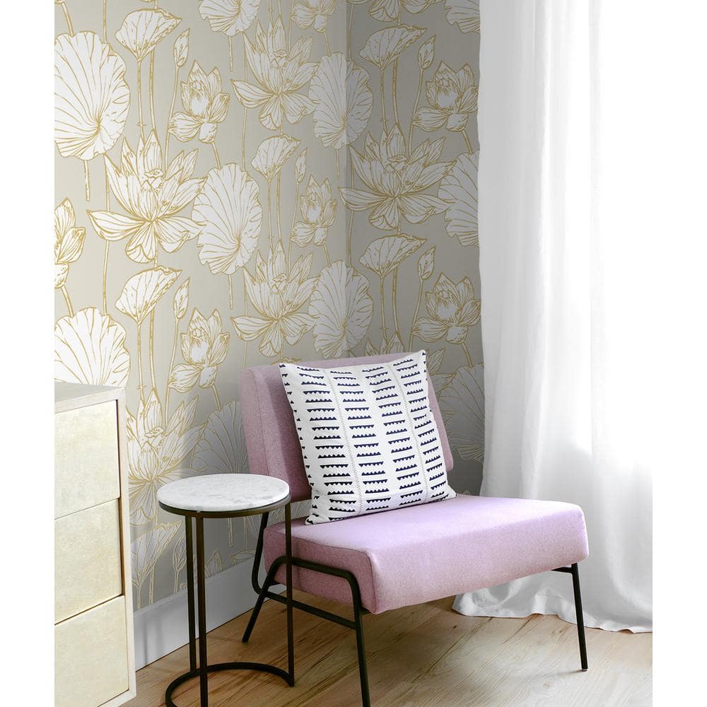 Metallic Gold and Gray Lotus Floral Peel and Stick Wallpaper