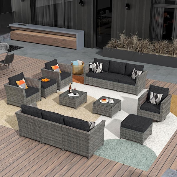 OVIOS Bexley Gray 13-Piece Wicker Patio Conversation Seating Set with Black Cushions and Swivel Chairs