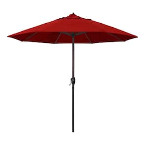 9 ft. Bronze Aluminum Pole Market Aluminum Ribs Auto Tilt Crank Lift Patio Umbrella in Jockey Red Sunbrella
