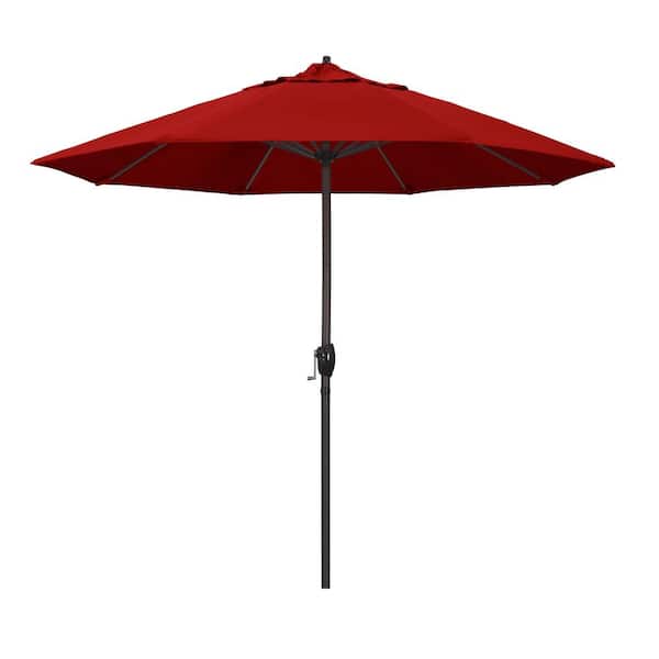 California Umbrella 9 ft. Bronze Aluminum Pole Market Aluminum Ribs Auto Tilt Crank Lift Patio Umbrella in Jockey Red Sunbrella