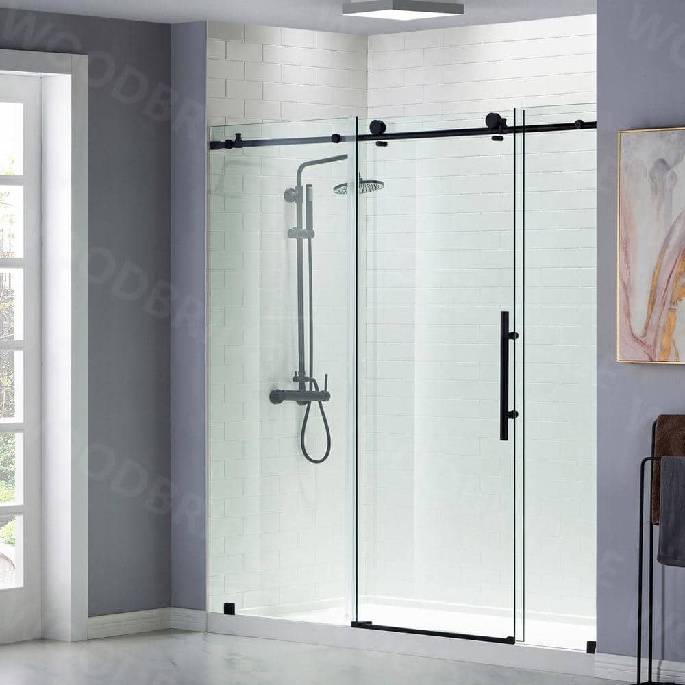 72" Matte Black Frameless Sliding Shower Door with Clear Tempered Glass