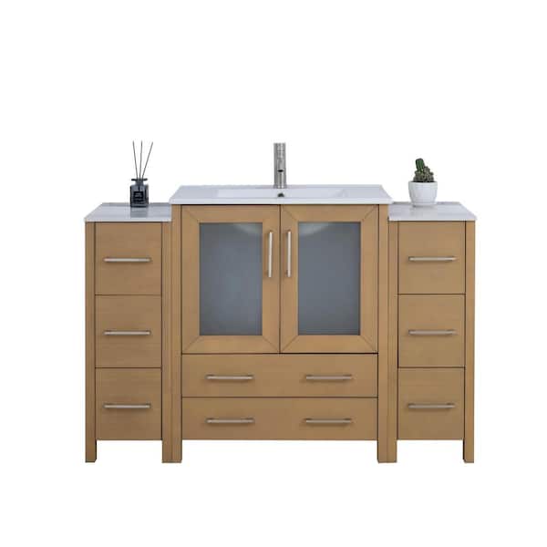 Vanity Art 54 in. W x 18 in. D x 36 in. H Natural Oak Bath Vanity with White Ceramic Top and Mirror