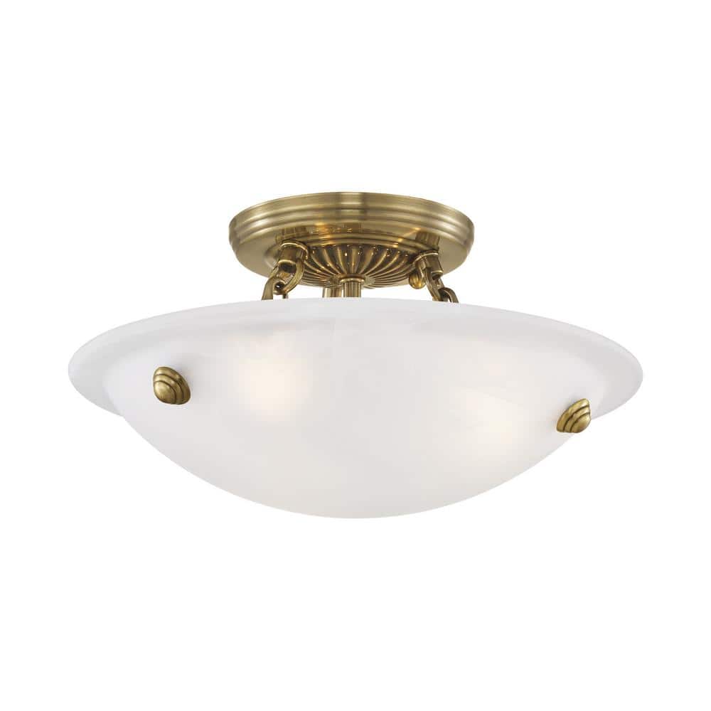 Antique Brass 3-Light Flush Mount with White Alabaster Glass