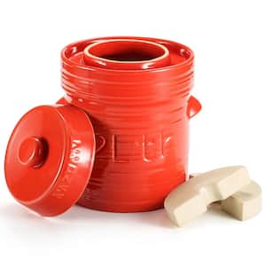 Comodo Ceramic Fermentation Crock -2 Liter/0.5 Gal., Traditional Water-Sealed Jar with Glazed Weights Tangerine Tango