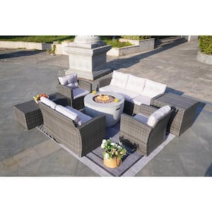 Vivian 7-Pieces Rock and Fiberglass Fire Pit Table with Gray Wicker Conversation Set with Gray Cushions