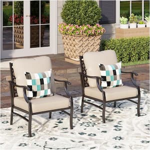 Black Metal Meshed Frame Outdoor Patio Lounge Chairs with Beige Cushions(2-Pack)