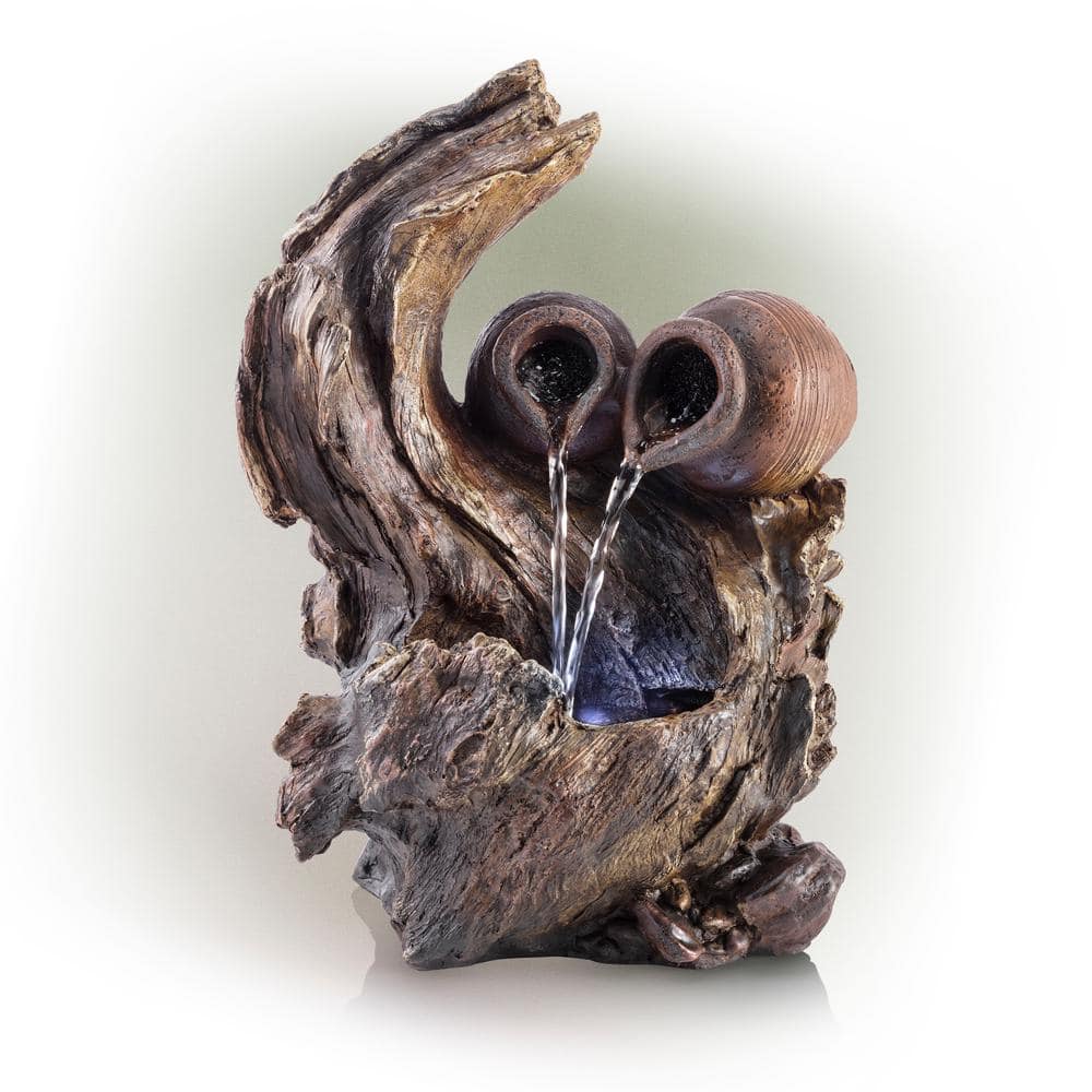 14 in. Tall Indoor Tabletop Two Jars on a Tree Branch Fountain with LED Lig