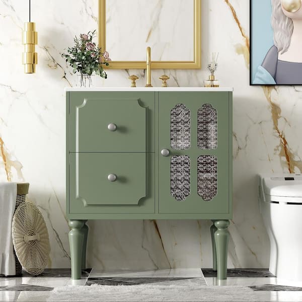 EPOWP 30 in. W x 18.3 in. D x 34.13 in. H Single Sink Freestanding Bath Vanity in Green with White Resin Top and Storage