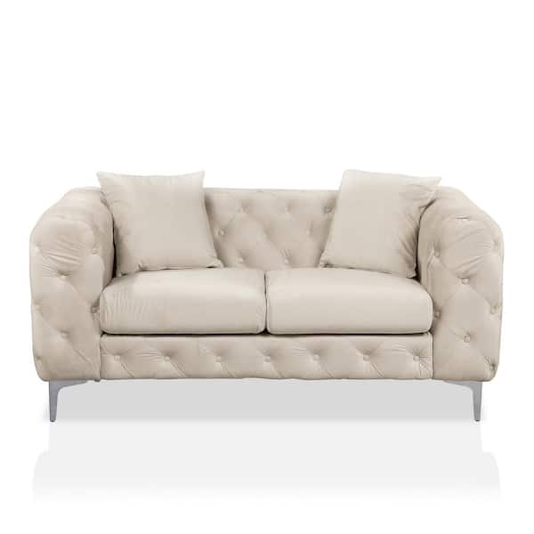 Furniture of America Darimore 68.5 in. Beige Flannelette 2-Seats Loveseats with Pillows