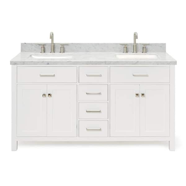 Bristol 60 in. W x 22 in. D x 36 in. H Double Freestanding Bath Vanity in White with White Marble Top