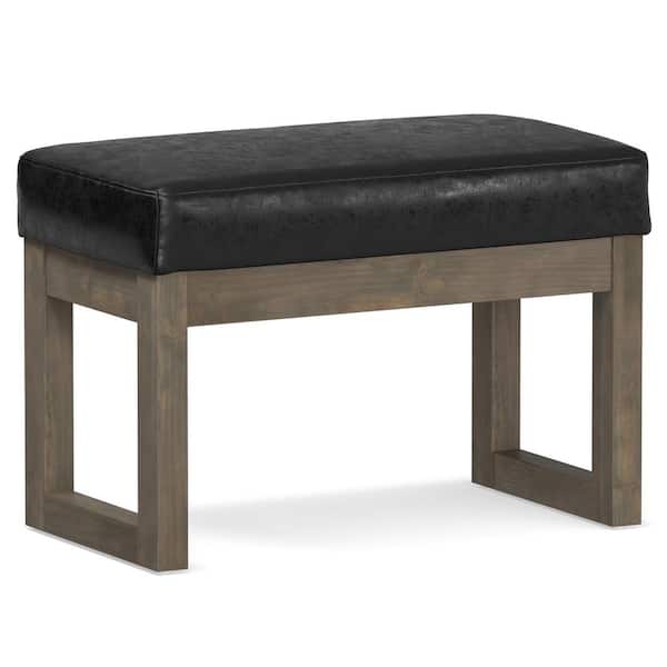 Simpli Home Milltown 27 in. Wide Contemporary Rectangle Footstool Ottoman Bench in Distressed Black Vegan Faux Leather, Assembled