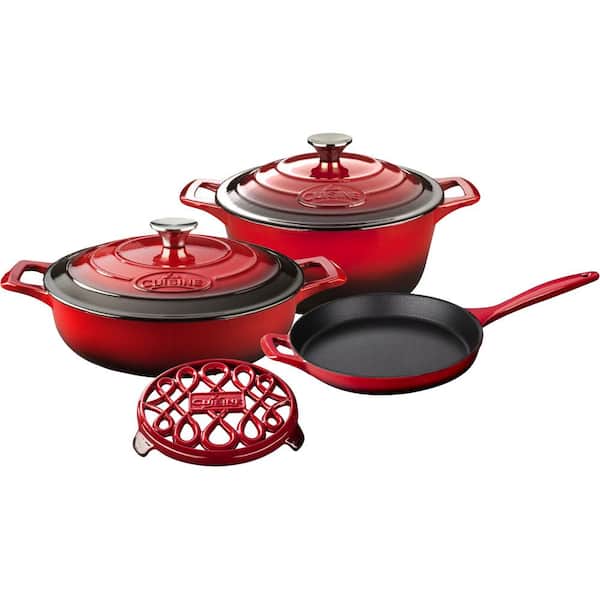 La Cuisine PRO 6-Piece Enameled Cast Iron Cookware Set with Saute, Skillet and Round Casserole with Trivet in Red