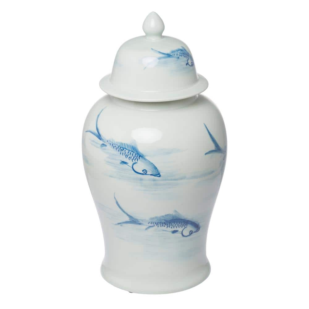 A & B Home Koi Gloss Blue, White Tall Ginger Jar