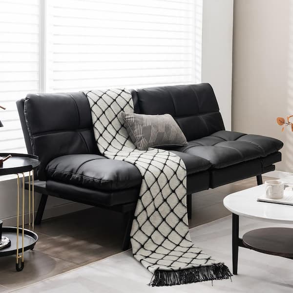 72 in. Black Leather Twin Size 2-Seat Sofa Bed with Adjustable Armrest Black