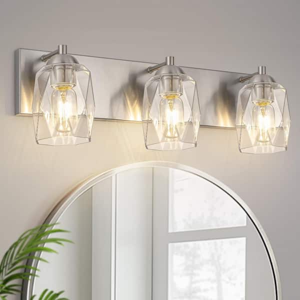 22 in. 3 Light Brushed Nickel Modern Unique Cylinder Vanity Light for Bathroom Mirror with Geometric Glass Shades