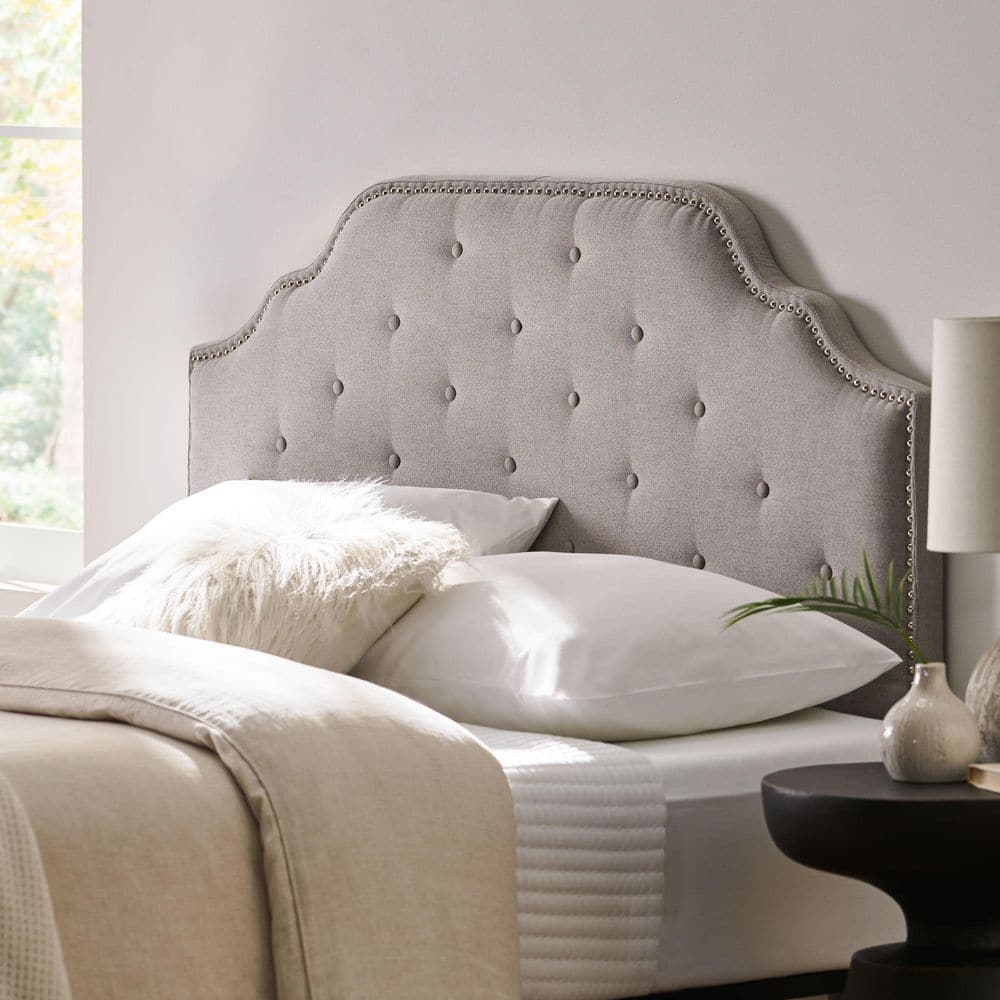 Light Gray Queen Size Solid Wood Tufted Upholstered Adjustable Height Headboard with Nailhead Trims, Metal Legs