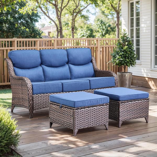 moosprr MoonLuxe Brown Wicker Patio Conversation Set with Blue Olefin 6 in. Thick Cushions/Ottoman (3-Piece)