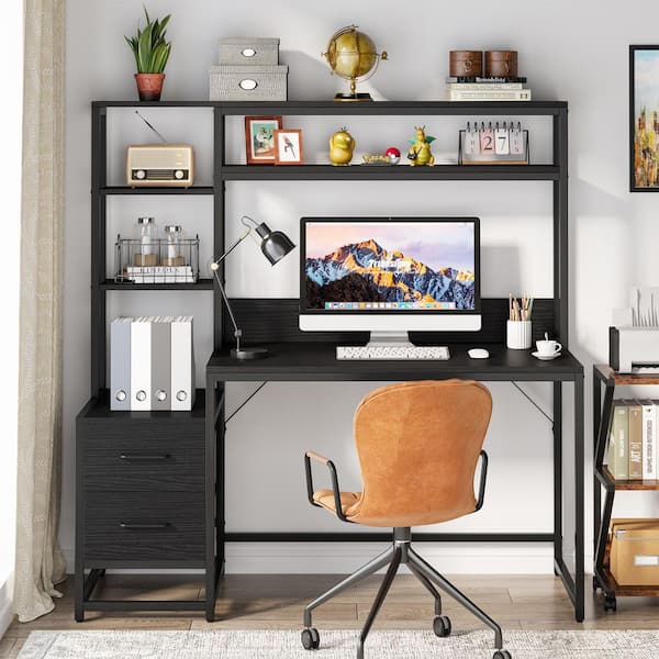 BYBLIGHT Moronia 55.1 in.  Rectangular Black Engineered Wood 2-Drawer Computer Desk with Hutch and Shelves