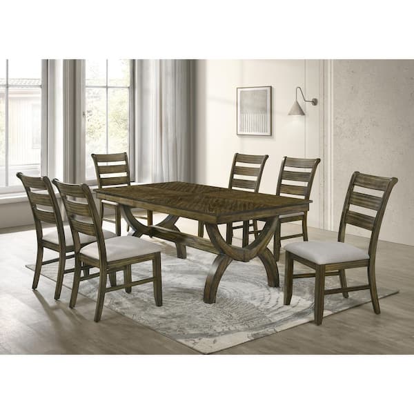 Best Quality Furniture Makoa 7-Piece Antique Brown Wood Dining Set With 6-Beige Ladderback Chairs