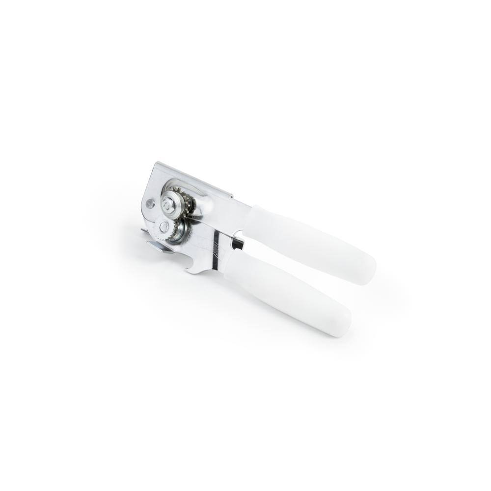 Stainless Steel Handheld Can Opener with White Ergonomic Handles