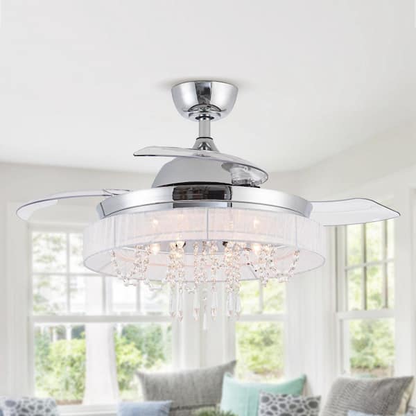 42 in. Indoor Retractable 3-Blade Crystal Chrome Ceiling Fan with Light Kit and Remote Control