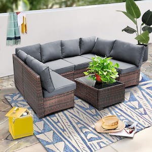 7-Piece Dark Gray Wicker Outdoor Furniture Conversation Set with Thick Cushions and Coffee Table