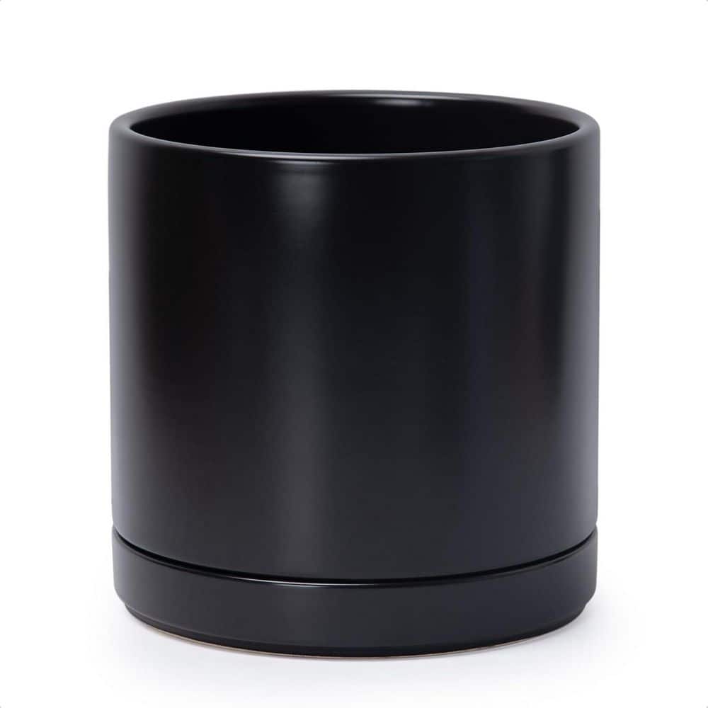 Large Black Ceramic Indoor/Outdoor Planter with Saucer (10 in. W x