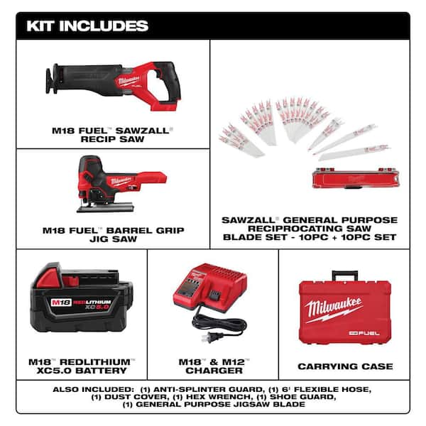 M18 FUEL 18V SAWZALL Cordless Reciprocating Saw Kit W 5.0 Ah Batteries, Charger and Jig Saw PLUS Sawzall Blade Kit 20 pc