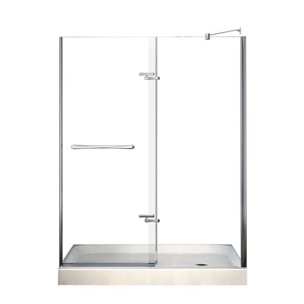 MAAX Reveal 60 in. x 76.5 in. Frameless Pivot Shower Door in Chrome with 60 in. x 32 in. Reversible Drain Base in White