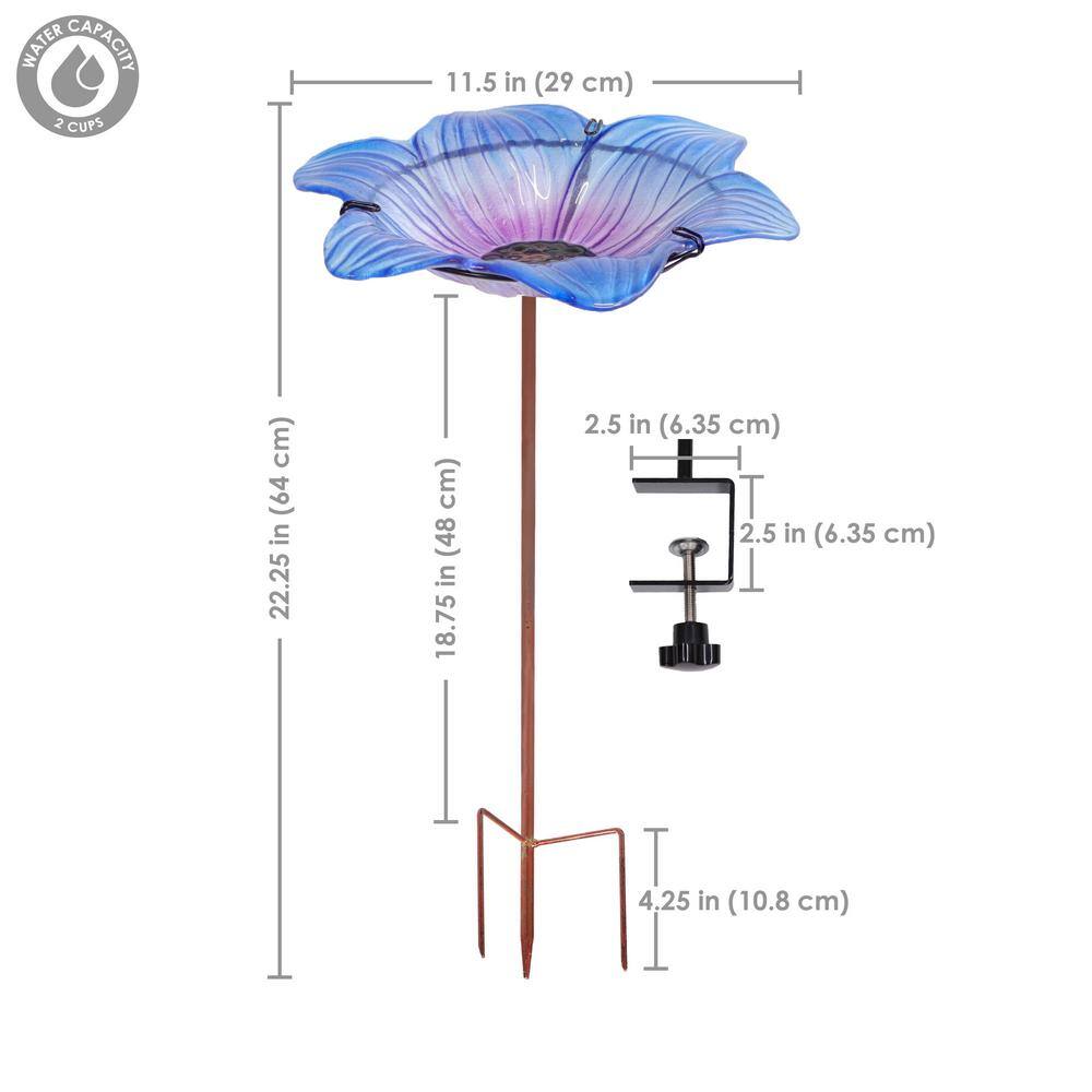 Blue Glass Flower Bird Bath with Copper Stake and Black Clamp