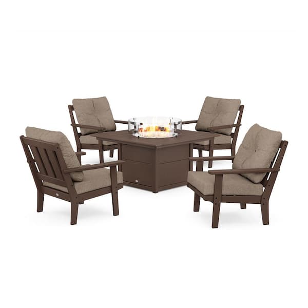 POLYWOOD Oxford 5-Pieces Plastic Patio Fire Pit Deep Seating Set in Mahogany with Spiced Burlap Cushions