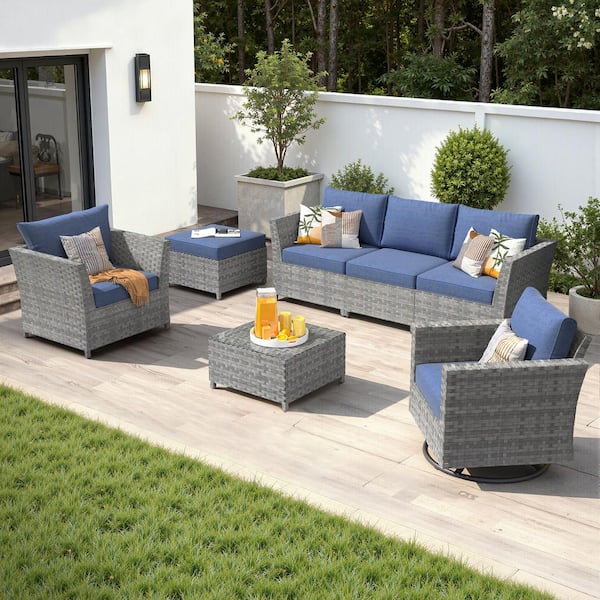 Auris Gray 7-Piece Wicker Outdoor Furniture Set Patio Conversation Set with Denim Blue Cushions and Rocking Swivel Chair