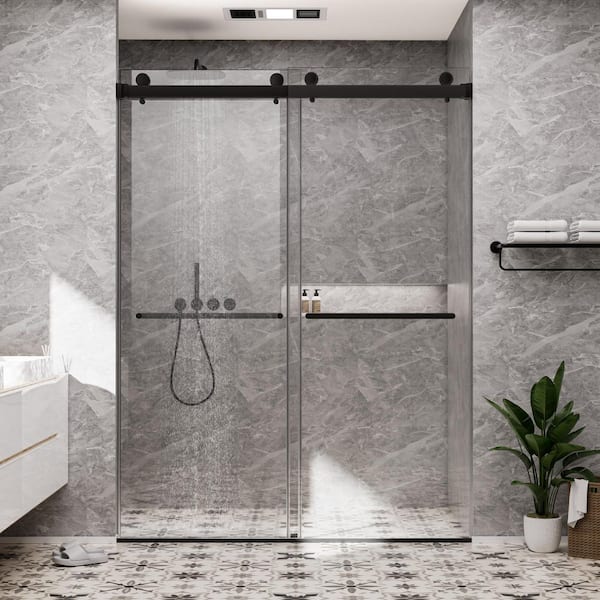 60 in. W x 80 in. H Double Sliding Frameless Shower Door in Matte Black with Smooth Sliding and 3/8 in. Clear Glass