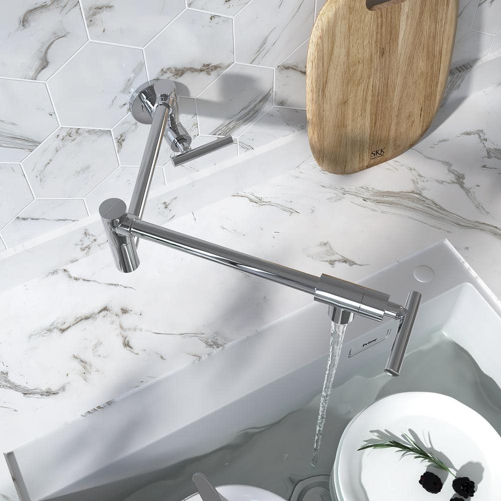 Polished Chrome Wall-Mounted Pot Filler Faucet with Double Joint Swing Arm