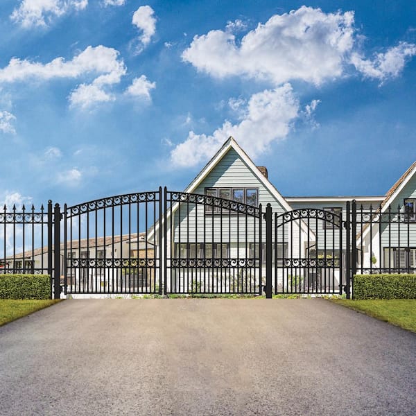 19 ft. x 6 ft. Black Steel Dual Swing Driveway Gate Paris Style 14 ft. with Pedestrian Gate 5 ft. Fence Gate