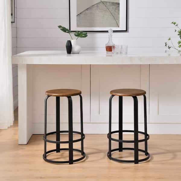 Walker Edison Furniture Company 26 in. Dark Coffee/Black Backless Metal-Frame Stackable Wood-Seat Bar Stool, Set of 2