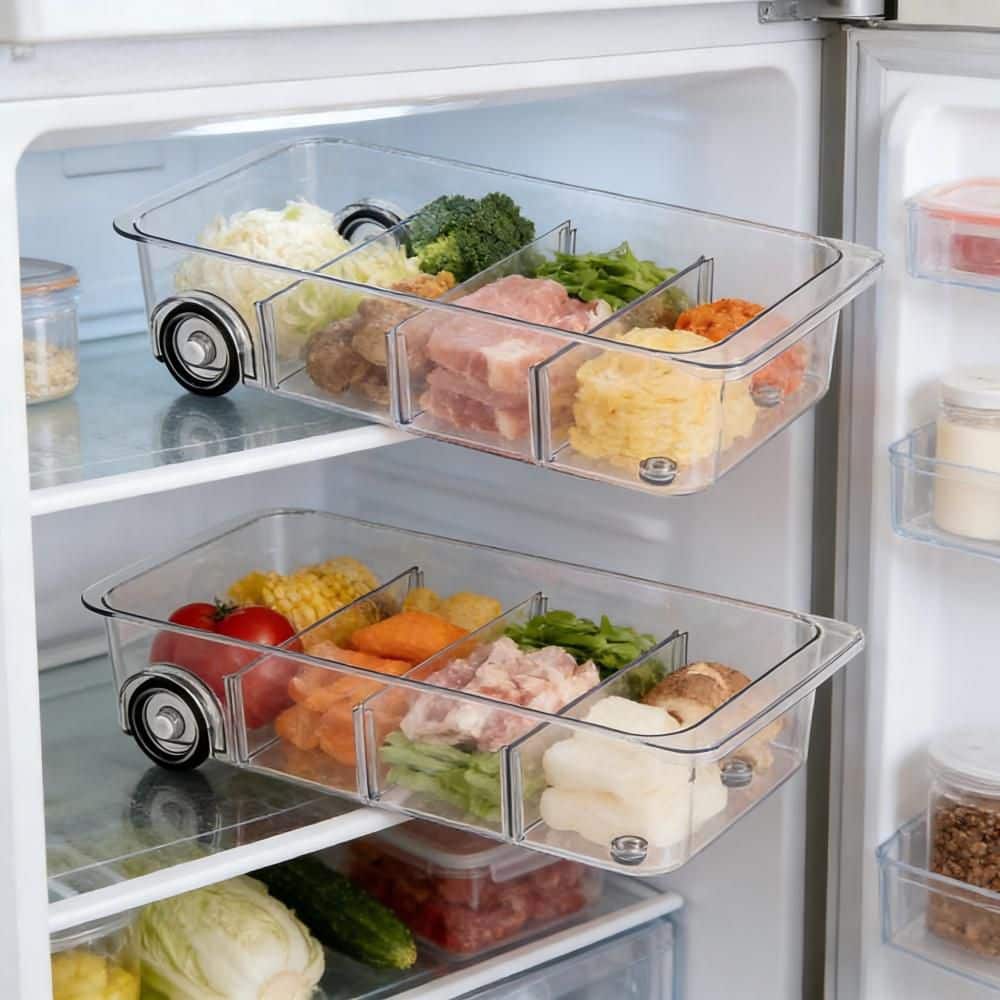 Wudkey Spring Clear PET Plastic Fridge Organizer for Food Storage and Freshness with Wheels and Adjustable Dividers 2-Pack