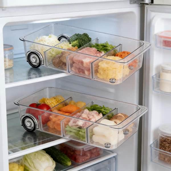 Wudkey Spring Clear PET Plastic Fridge Organizer for Food Storage and Freshness with Wheels and Adjustable Dividers 2-Pack