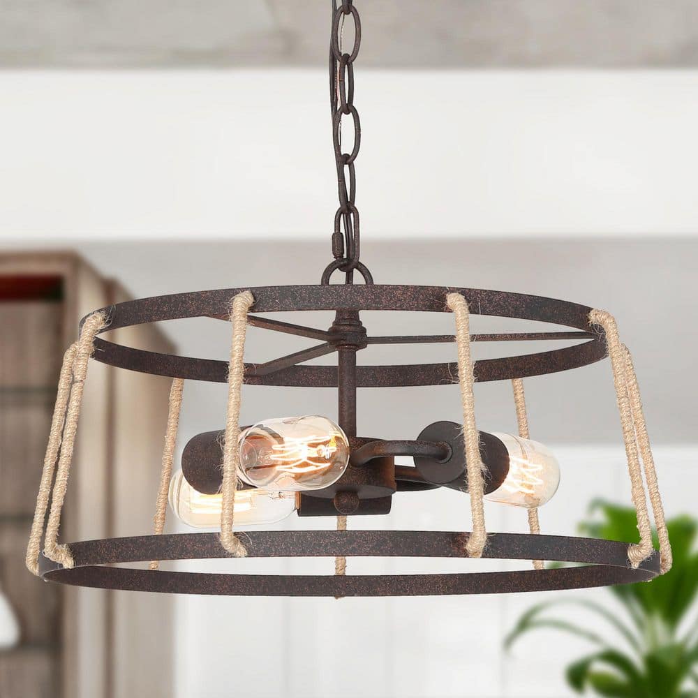 Bronze Farmhouse Drum 3-Light Chandelier Vintage Cage Island Pendant Chandelier with Hemp Cord price history on PriceWatchPro