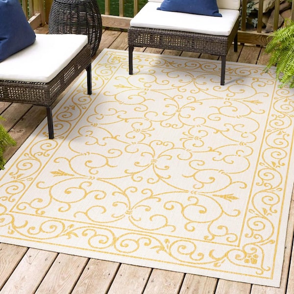 JONATHAN Y Charleston Vintage Filigree Textured Weave Cream/Yellow 8 ft. x 10 ft. Indoor/Outdoor Area Rug