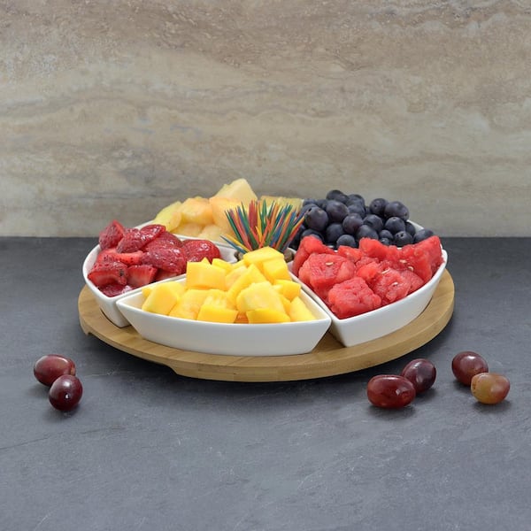 7-Piece White Appetizer Serving Set with Bamboo Tray