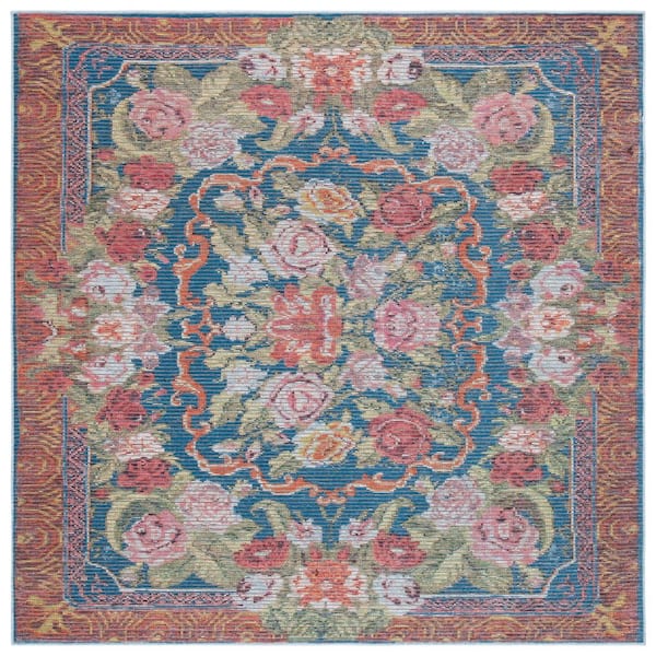 Besarabian Blue/Sage Rust 7 ft. x 7 ft. Machine Washable Border Floral Square Area Rug
