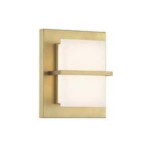 Tarnos 1-Light 8 in. Gentle Brass Dimmable LED Wall Sconce with White Faux Alabaster Shade