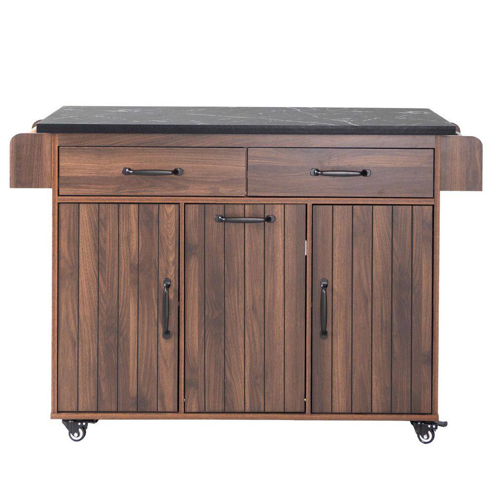 Walnut Brown Particleboard Kitchen Cart with Drop Leaf and Spice Rack