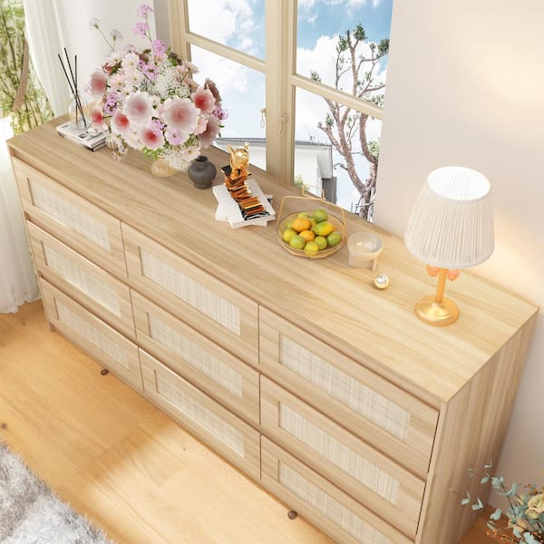 FUFU&GAGA Rattan Wood Finish 9-Drawer 62.9 in. x 15.7 in. x 31.9 in. Dresser,  Wooden Chest of Drawers for Bedroom, Living Room Y-THD-210322-01 - The Home  Depot