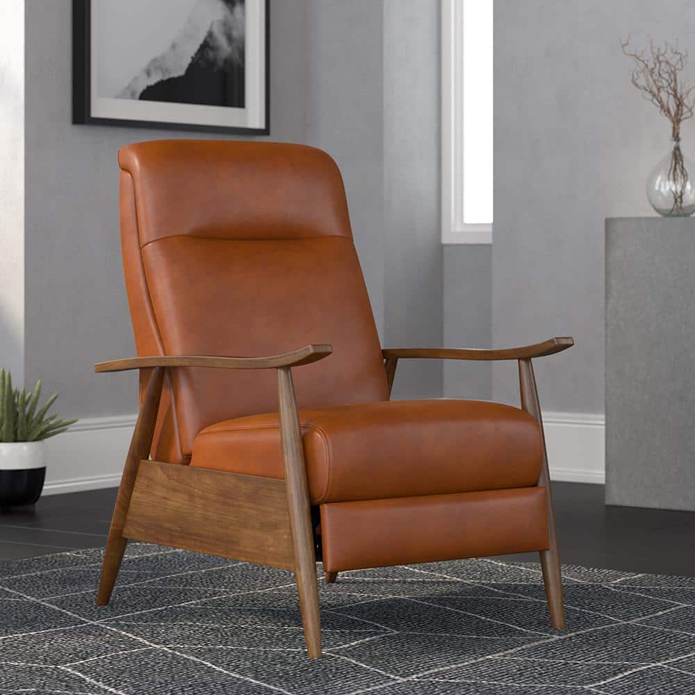 Caramel Mid-Century Modern Faux Leather Recliner with Wooden Arms