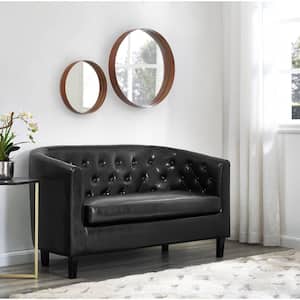 49 in. Black Button Tufted Faux Leather Barrel Loveseat, Midcentury Modern 2-Seater Sofa Couch