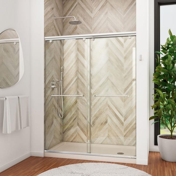 DreamLine Charisma 34 in. x 60 in. x 78.75 in. Semi-Frameless Sliding Shower Door in Chrome with Right Drain Shower Base