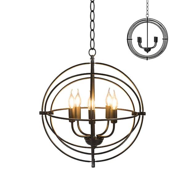 20 in. Spherical 5-Light Metal Black Chandelier with Pivoting Interlocking Rings (Bulbs Not Included)